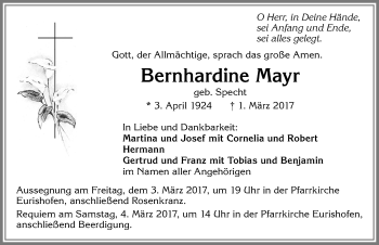 Traueranzeige von Bernhardine Mayr von Allgäuer Zeitung, Kaufbeuren/Buchloe