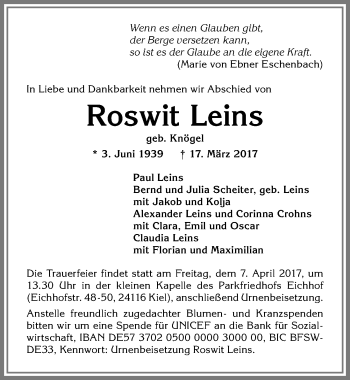 Traueranzeige von Roswit Leins von Memminger Zeitung