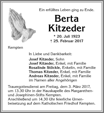 Traueranzeige von Berta Kitzeder von Allgäuer Zeitung,Kempten