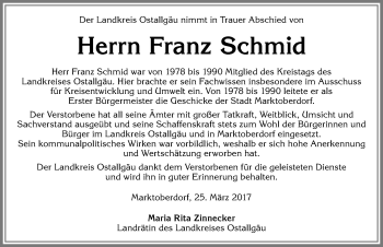 Traueranzeige von Franz Schmid von Allgäuer Zeitung