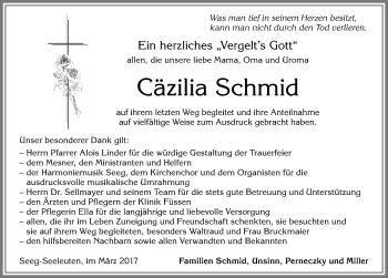Traueranzeige von Cäzilia Schmid von Allgäuer Zeitung, Füssen