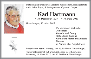 Traueranzeige von Karl Hartmann von Allgäuer Zeitung, Marktoberdorf