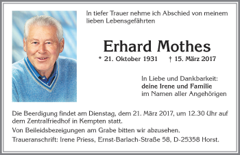 Traueranzeige von Erhard Mothes von Allgäuer Zeitung,Kempten