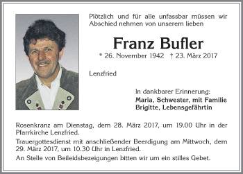 Traueranzeige von Franz Bufler von Allgäuer Zeitung,Kempten