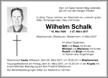 Traueranzeige von Wilhelm Schalk von Memminger Zeitung