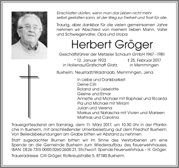 Traueranzeige von Herbert Gröger von Memminger Zeitung