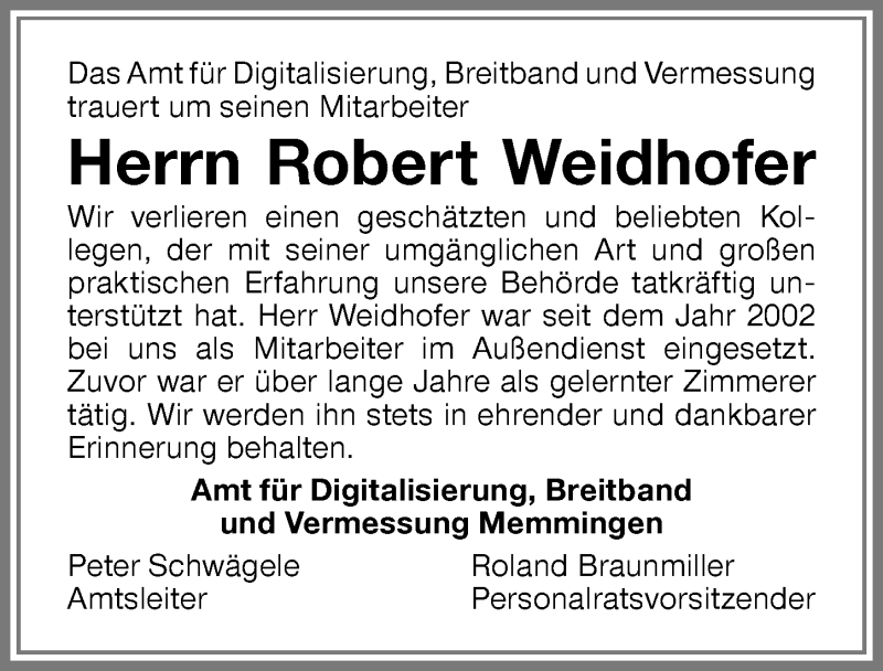  Traueranzeige für Robert Weidhofer vom 25.03.2017 aus Memminger Zeitung