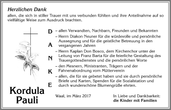 Traueranzeige von Kordula Pauli von Allgäuer Zeitung, Kaufbeuren/Buchloe
