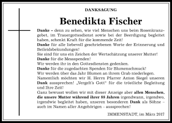 Traueranzeige von Benedikta Fischer von Allgäuer Anzeigeblatt