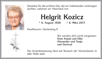 Traueranzeige von Helgrit Kozicz von Allgäuer Zeitung, Kaufbeuren/Buchloe