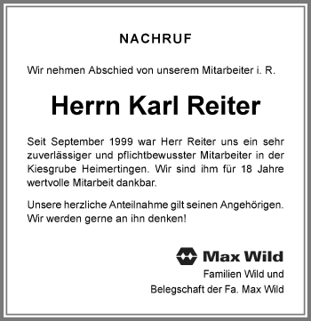 Traueranzeige von Karl Reiter von Memminger Zeitung