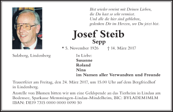Traueranzeige von Josef Steib von Der Westallgäuer