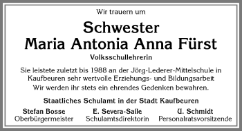 Traueranzeige von Maria Antonia Anna Fürst von Allgäuer Zeitung, Kaufbeuren/Buchloe