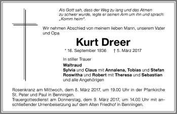 Traueranzeige von Kurt Dreer von Memminger Zeitung