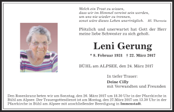 Traueranzeige von Leni Gerung von Allgäuer Anzeigeblatt