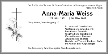 Traueranzeige von Anna-Maria Weiss von Allgäuer Zeitung, Kaufbeuren/Buchloe