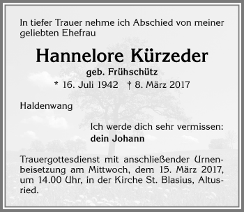 Traueranzeige von Hannelore Kürzeder von Allgäuer Zeitung,Kempten