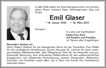 Traueranzeige von Emil Glaser von Allgäuer Zeitung,Kempten