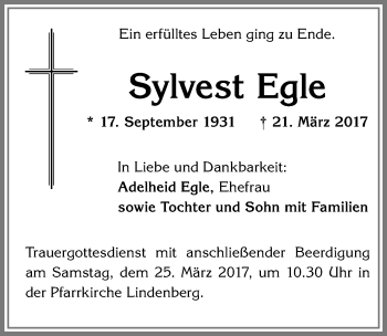 Traueranzeige von Sylvest Egle von Allgäuer Zeitung, Kaufbeuren/Buchloe