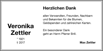 Traueranzeige von Veronika Zettler von Memminger Zeitung
