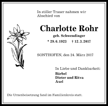 Traueranzeige von Charlotte Rohr von Allgäuer Anzeigeblatt