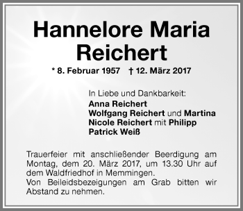 Traueranzeige von Hannelore Maria Reichert von Memminger Zeitung