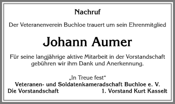 Traueranzeige von Johann Aumer von Allgäuer Zeitung, Kaufbeuren/Buchloe