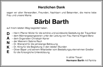 Traueranzeige von Bärbl Barth von Memminger Zeitung