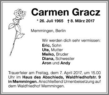 Traueranzeige von Carmen Gracz von Memminger Zeitung