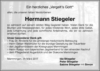 Traueranzeige von Hermann Stiegeler von Memminger Zeitung