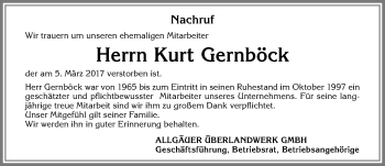 Traueranzeige von Kurt Gernböck von Allgäuer Zeitung,Kempten