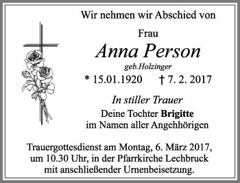 Traueranzeige von Anna Person von Allgäuer Zeitung, Füssen