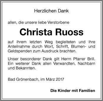 Traueranzeige von Christa Ruoss von Memminger Zeitung