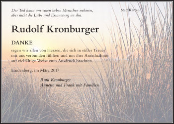 Traueranzeige von Rudolf Kronburger von Der Westallgäuer