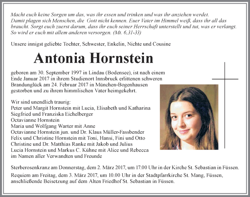  Traueranzeige für Antonia Hornstein vom 01.03.2017 aus Allgäuer Zeitung, Füssen