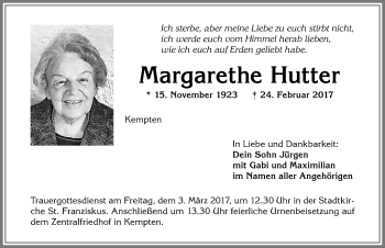 Traueranzeige von Margarethe Hutter von Allgäuer Zeitung,Kempten