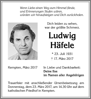 Traueranzeige von Ludwig Häfele von Allgäuer Zeitung,Kempten