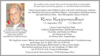 Traueranzeige von Rosa Koppenwallner von Allgäuer Zeitung, Füssen