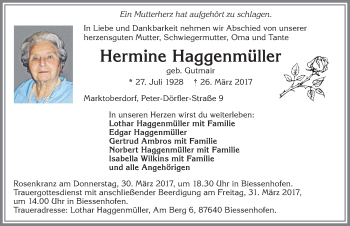 Traueranzeige von Hermine Haggenmüller von Allgäuer Zeitung