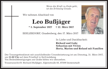 Traueranzeige von Leo Bußjäger von Allgäuer Anzeigeblatt