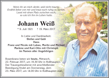 Traueranzeige von Johann Weiß von Allgäuer Zeitung, Füssen
