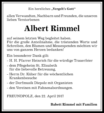 Traueranzeige von Albert Rimmel von Allgäuer Anzeigeblatt