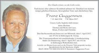 Traueranzeige von Franz Guggenmos von Allgäuer Zeitung, Füssen
