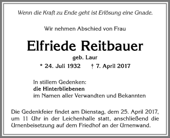 Traueranzeige von Elfriede Reitbauer von Allgäuer Zeitung, Kaufbeuren/Buchloe