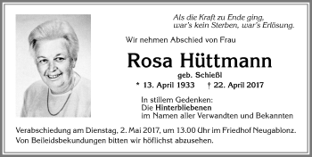 Traueranzeige von Rosa Hüttmann von Allgäuer Zeitung, Kaufbeuren/Buchloe