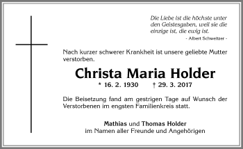 Traueranzeige von Christa Maria Holder von Allgäuer Zeitung,Kempten
