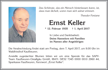 Traueranzeige von Ernst Keller von Allgäuer Zeitung, Kaufbeuren/Buchloe