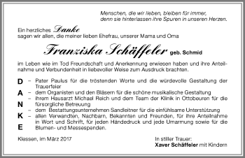 Traueranzeige von Franziska Schäffeler von Memminger Zeitung