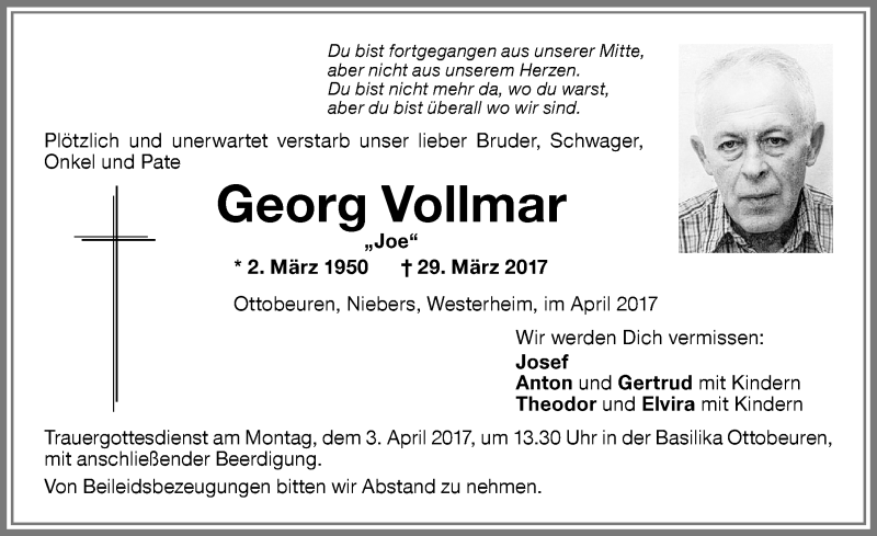  Traueranzeige für Georg Vollmar vom 01.04.2017 aus Memminger Zeitung
