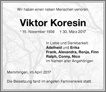 Traueranzeige von Viktor Koresin von Memminger Zeitung